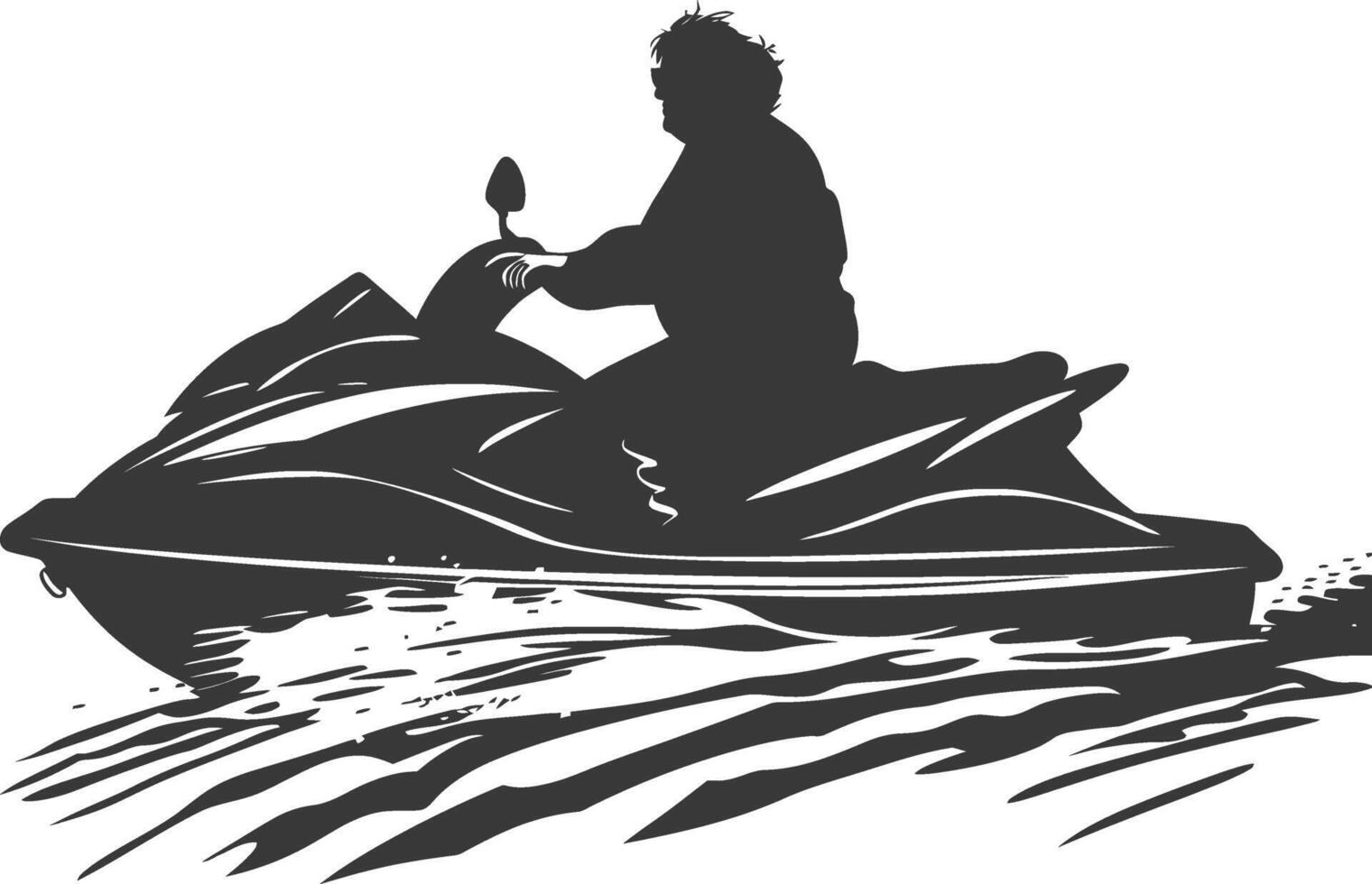 silhouette fat elderly woman riding jet ski full body black color only vector