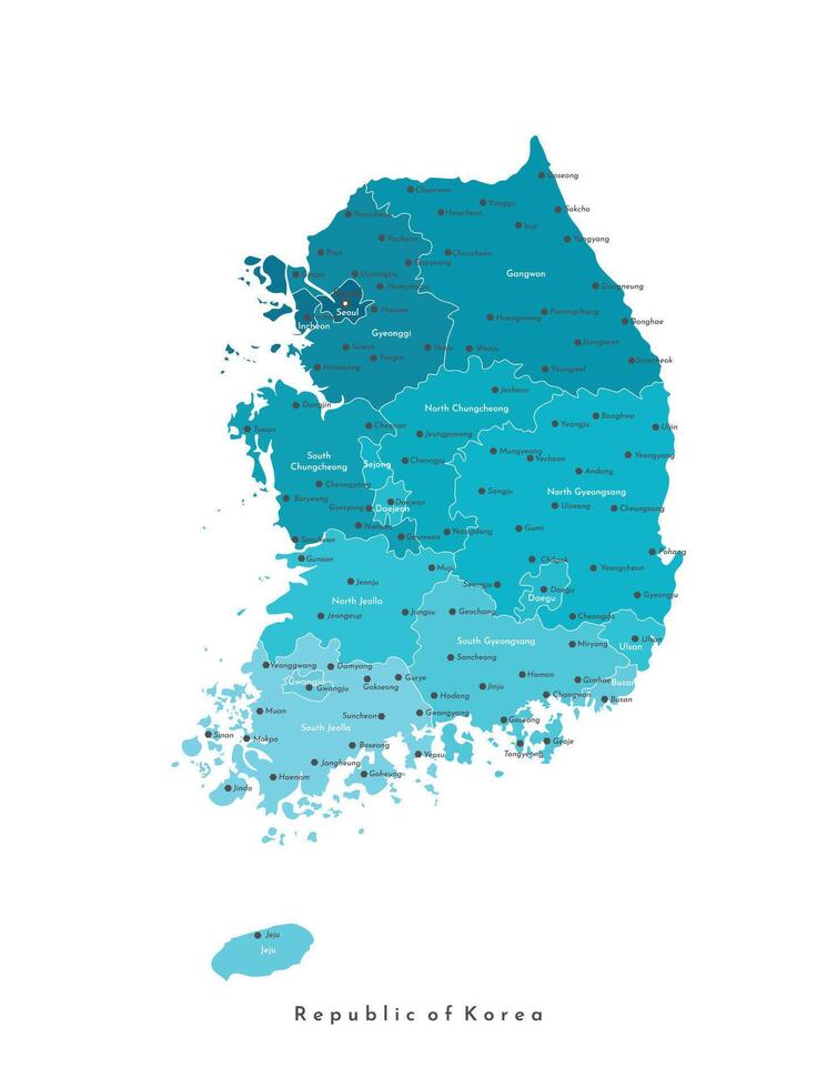 modern isolated illustration. Simplified geographical map of South Korea, Republic of Korea. Blue gradient shape, white background. Names of korean cities and provinces vector