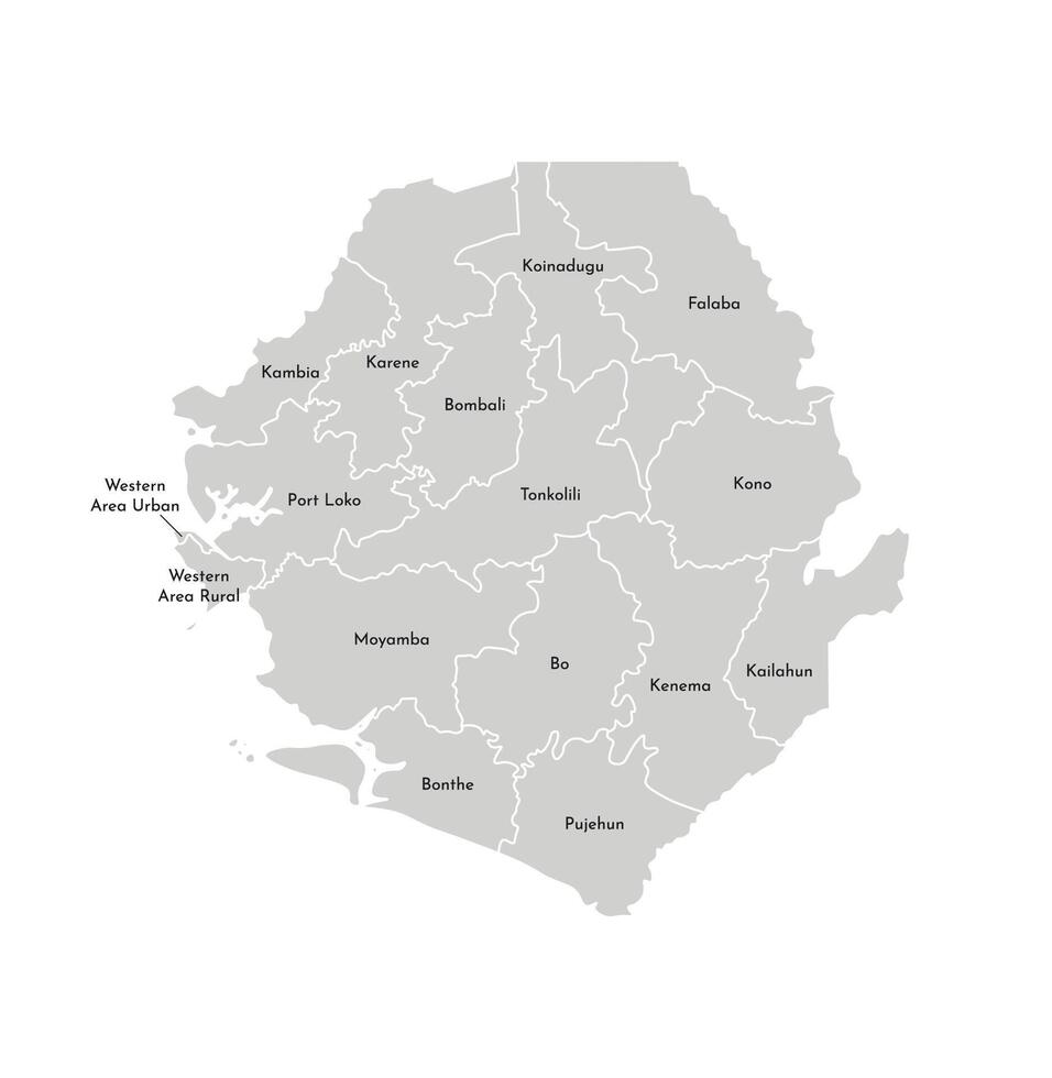 isolated illustration of simplified administrative map of Sierra Leone. Borders and names of the districts, regions. Grey silhouettes. White outline vector