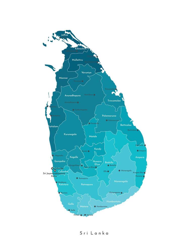 isolated illustration. Simplified admimistrative map of Sri Lanka. Blue shapes of Iregions. Names of the cities and provinces. White background vector