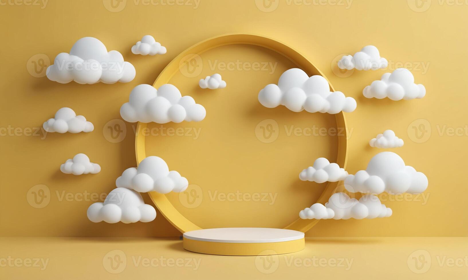 3d render yellow background with white clouds flying in front of circle shape photo