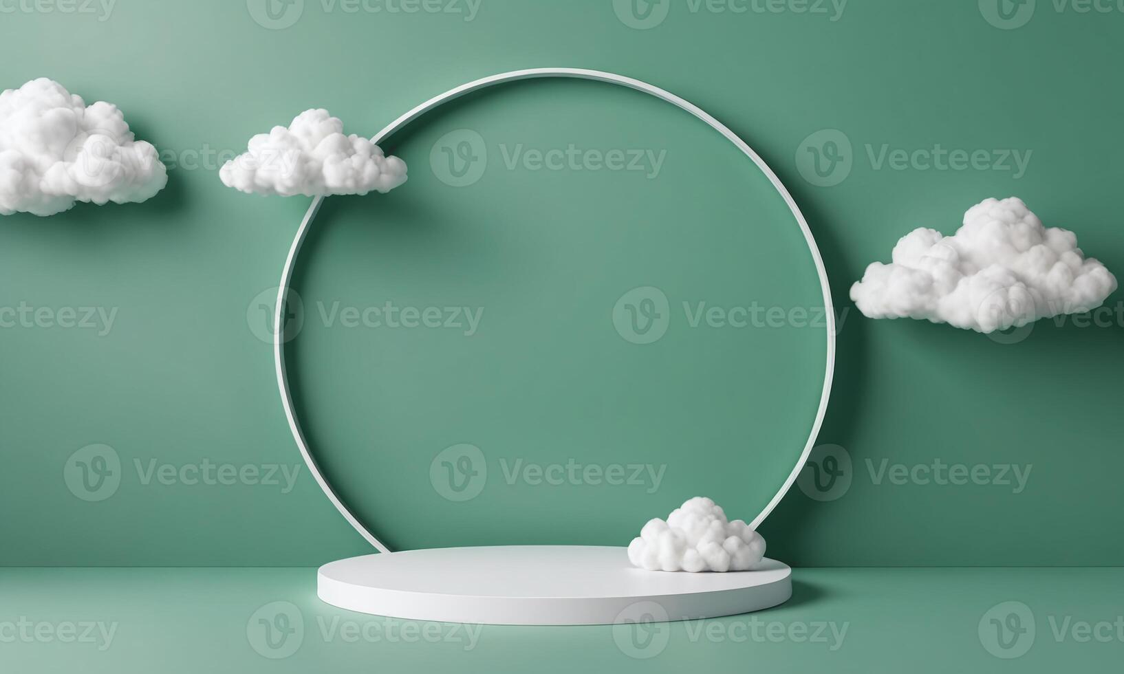 3d render green background with white clouds flying in front of circle shape photo