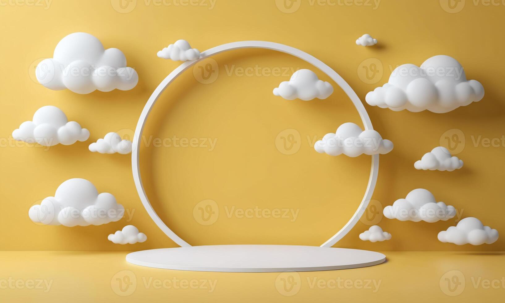 3d render yellow background with white clouds flying in front of circle shape photo