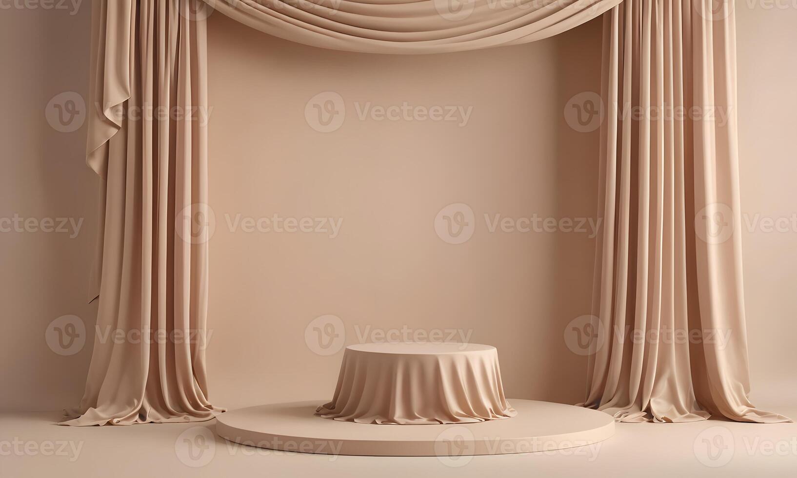 3D display podium, beige background with pedestal and flying nude color silk cloth curtain photo