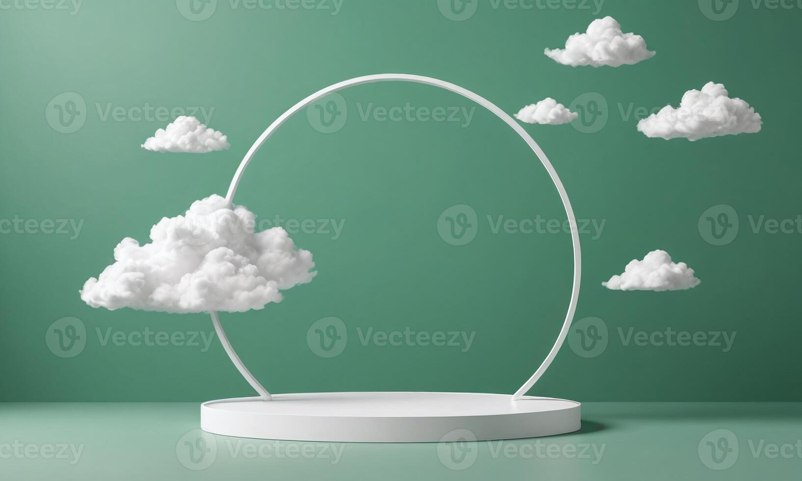 3d render green background with white clouds flying in front of circle shape photo