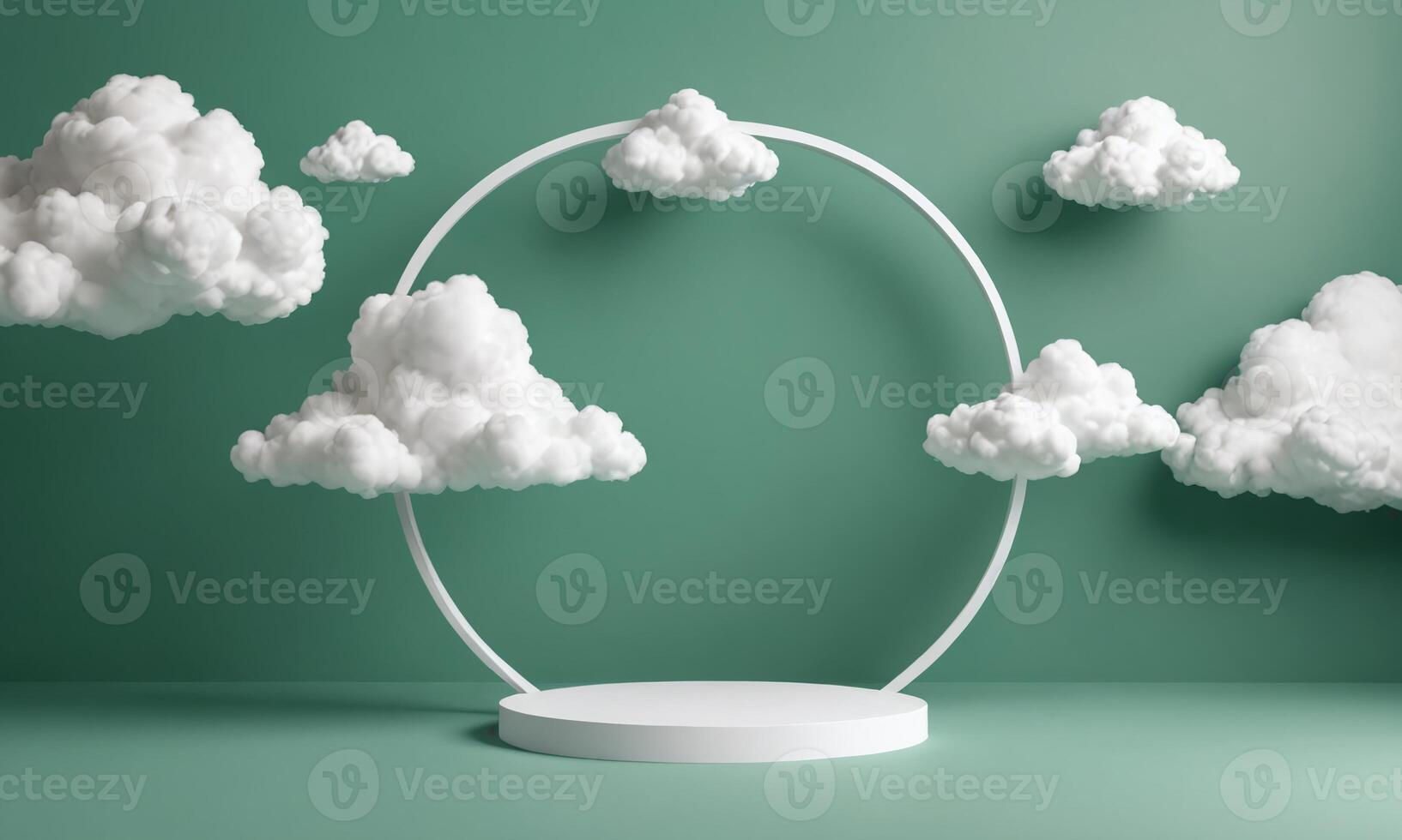 3d render green background with white clouds flying in front of circle shape photo