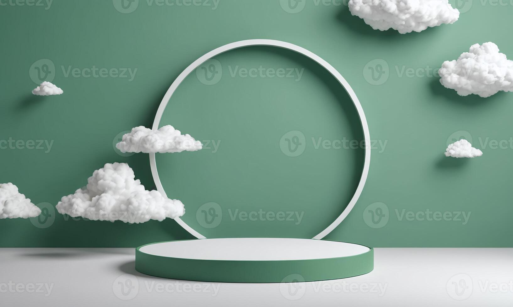 3d render green background with white clouds flying in front of circle shape photo