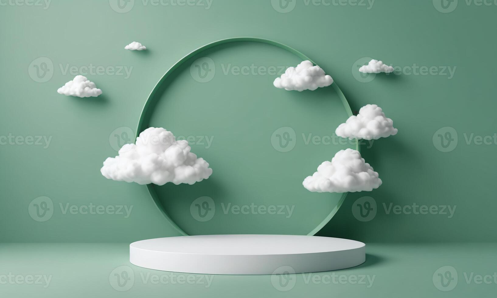 3d render green background with white clouds flying in front of circle shape photo