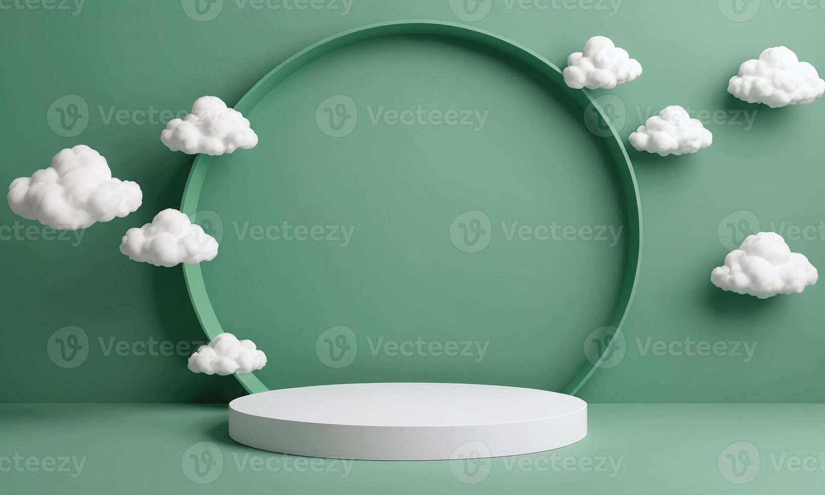 3d render green background with white clouds flying in front of circle shape photo