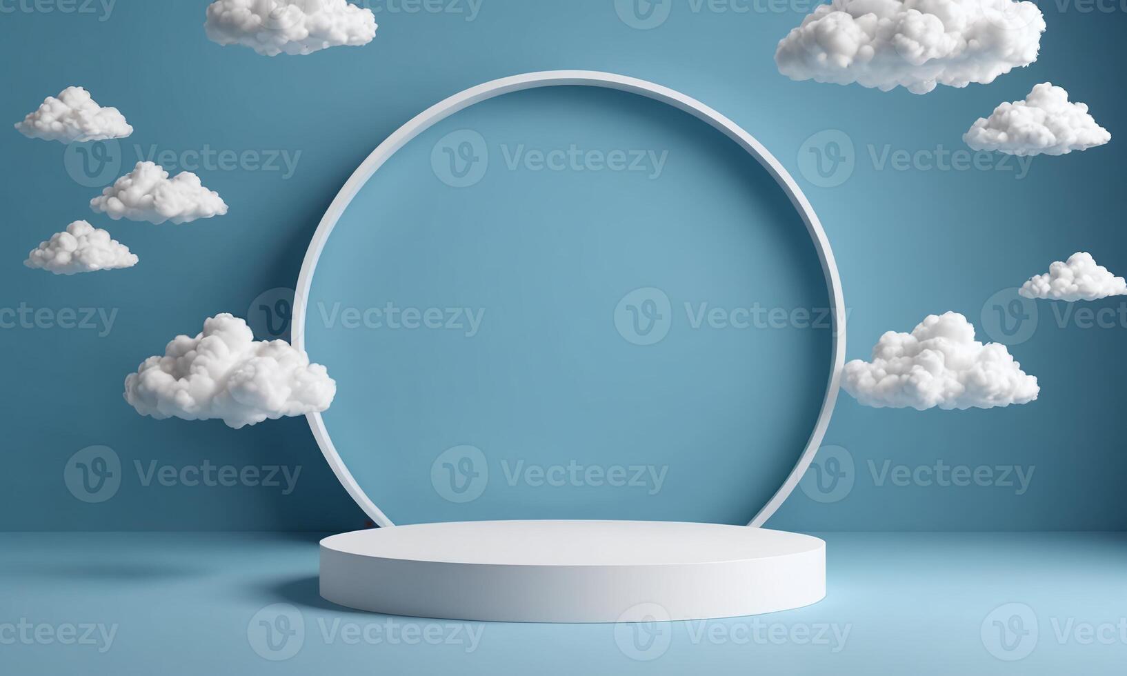 3d render blue background with white clouds flying in front of circle shape photo