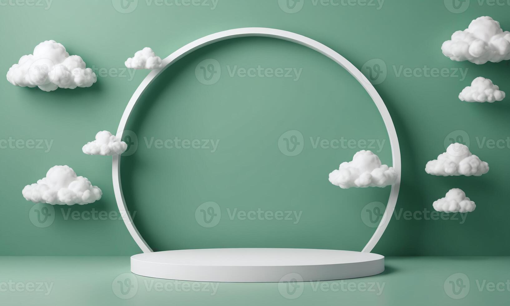 3d render green background with white clouds flying in front of circle shape photo