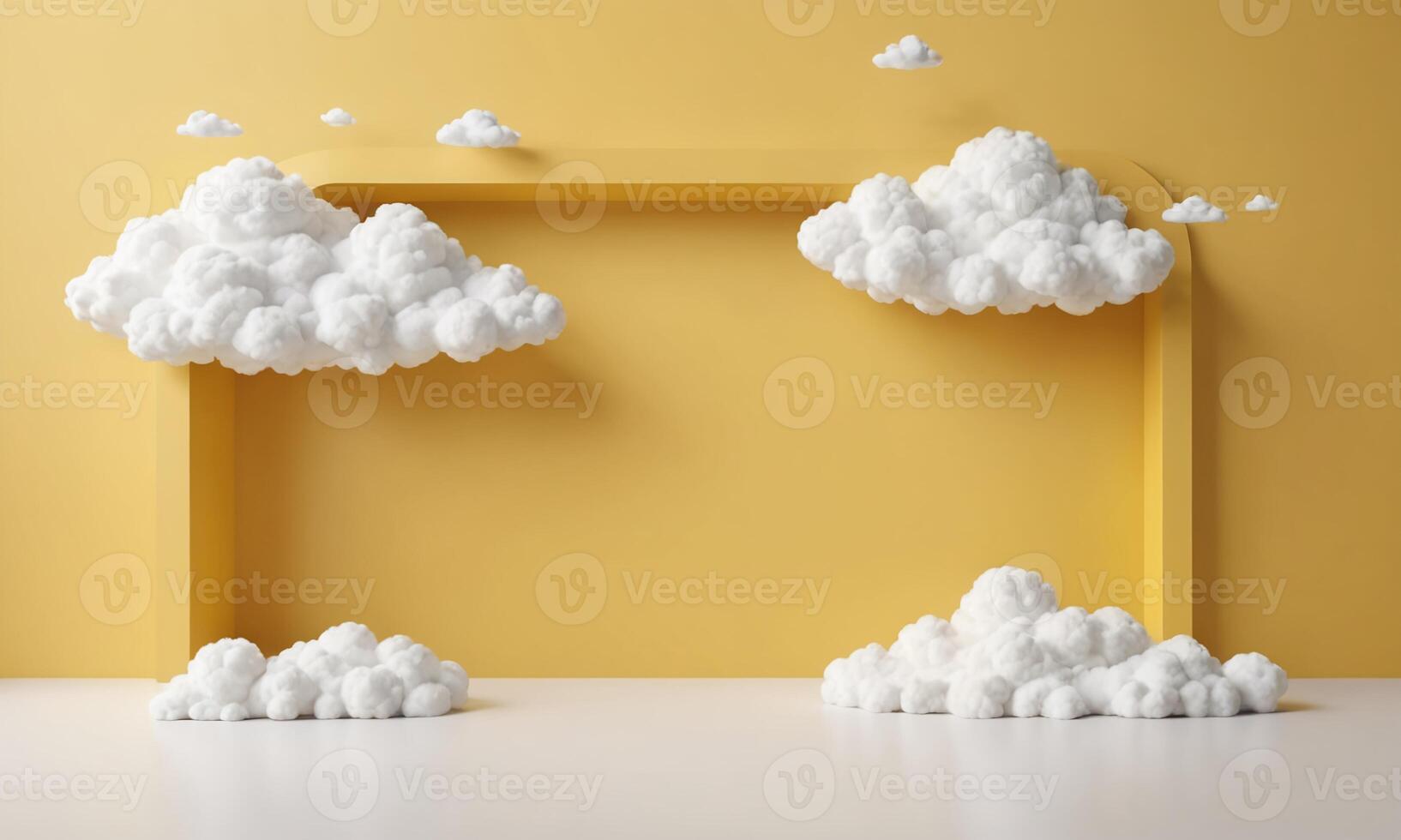 3d render yellow background with white clouds flying in front of circle shape photo