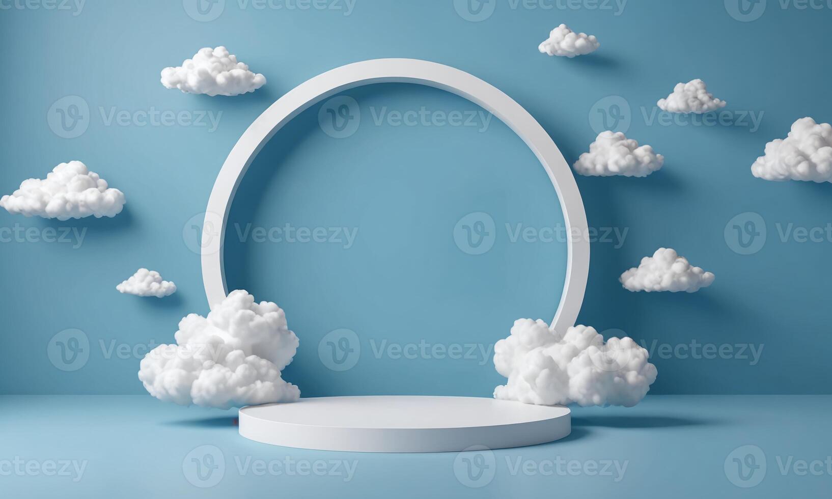 3d render blue background with white clouds flying in front of circle shape photo