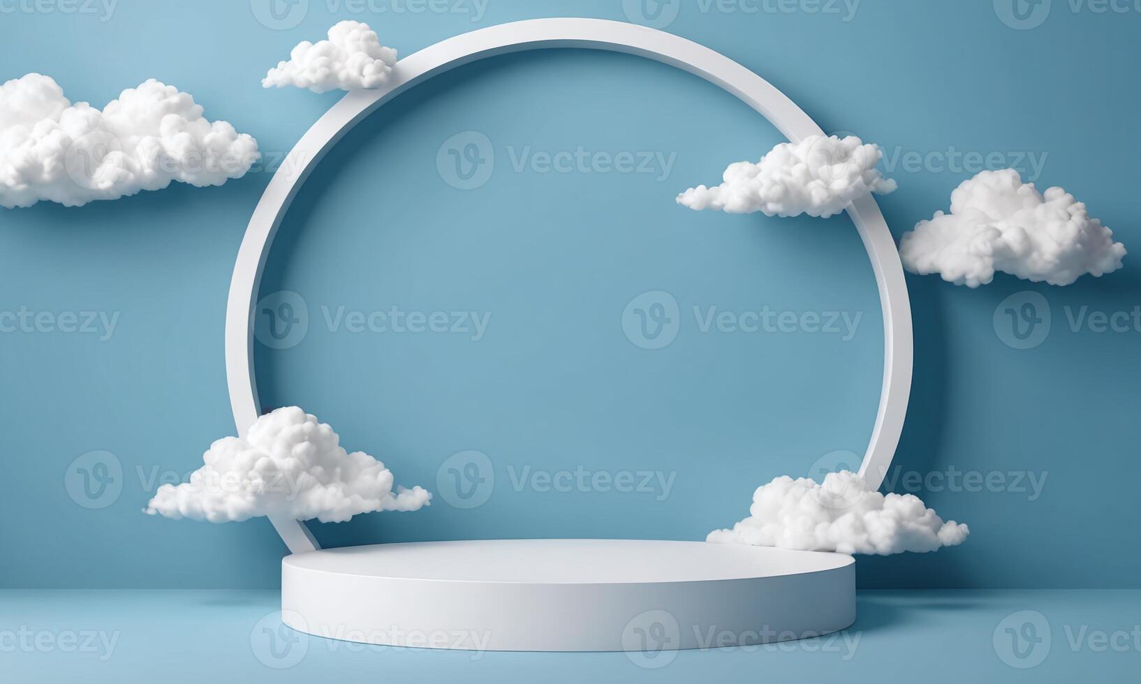 3d render blue background with white clouds flying in front of circle shape photo