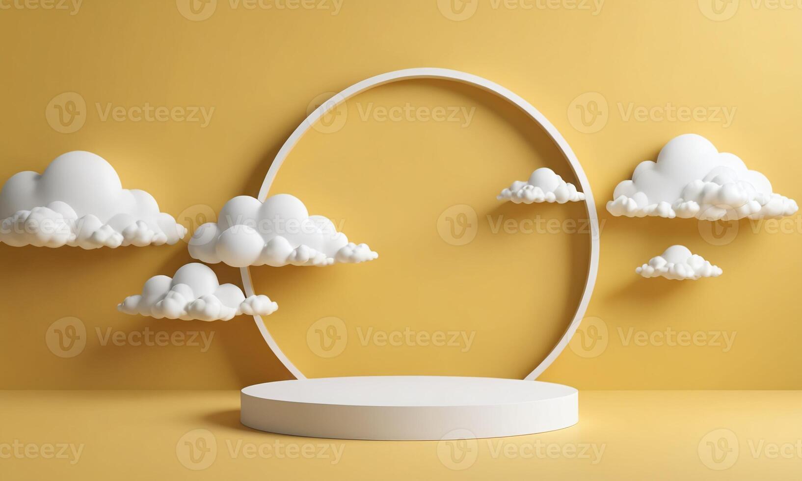 3d render yellow background with white clouds flying in front of circle shape photo