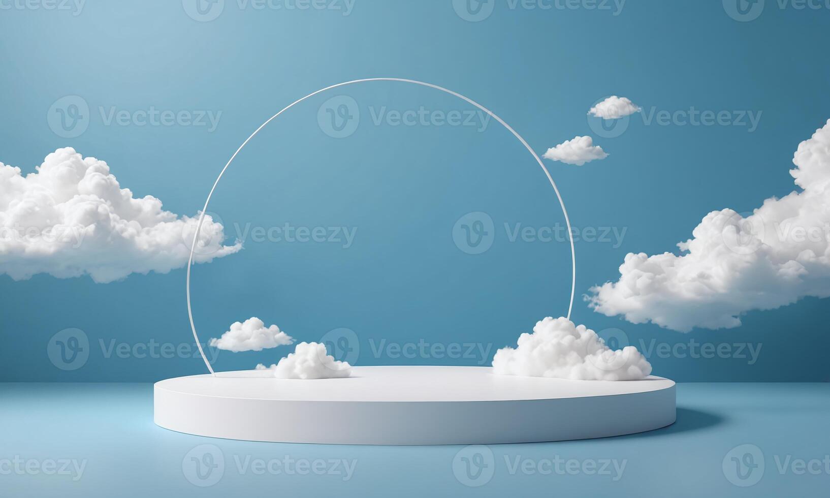 3d render blue background with white clouds flying in front of circle shape photo
