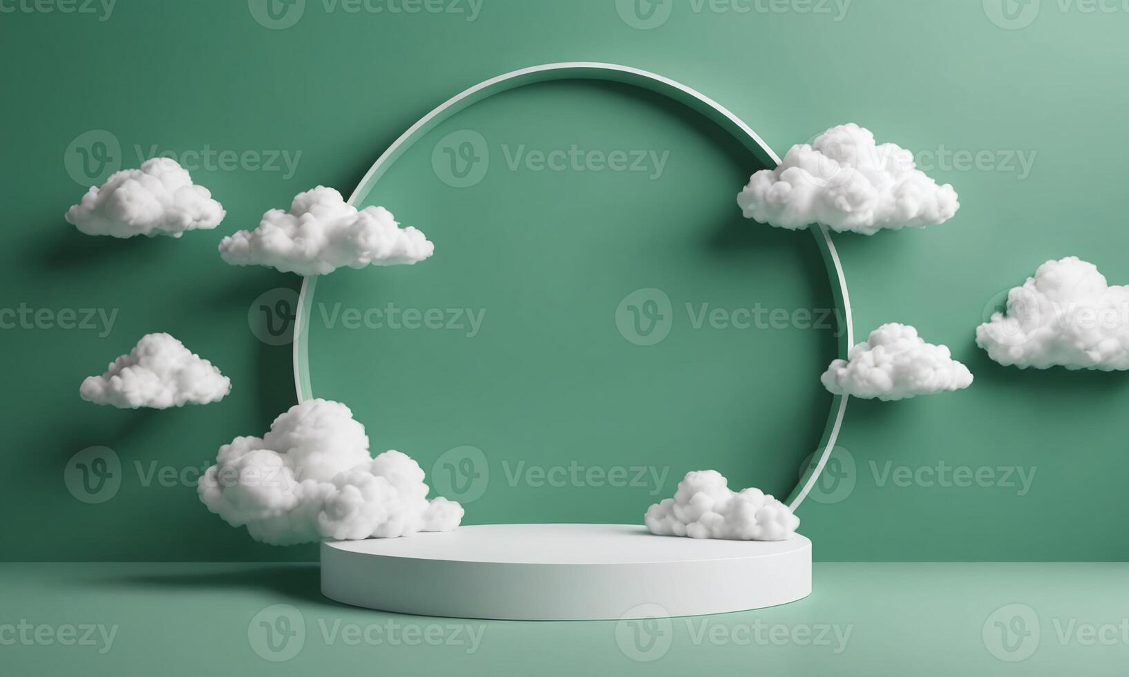 3d render green background with white clouds flying in front of circle shape photo