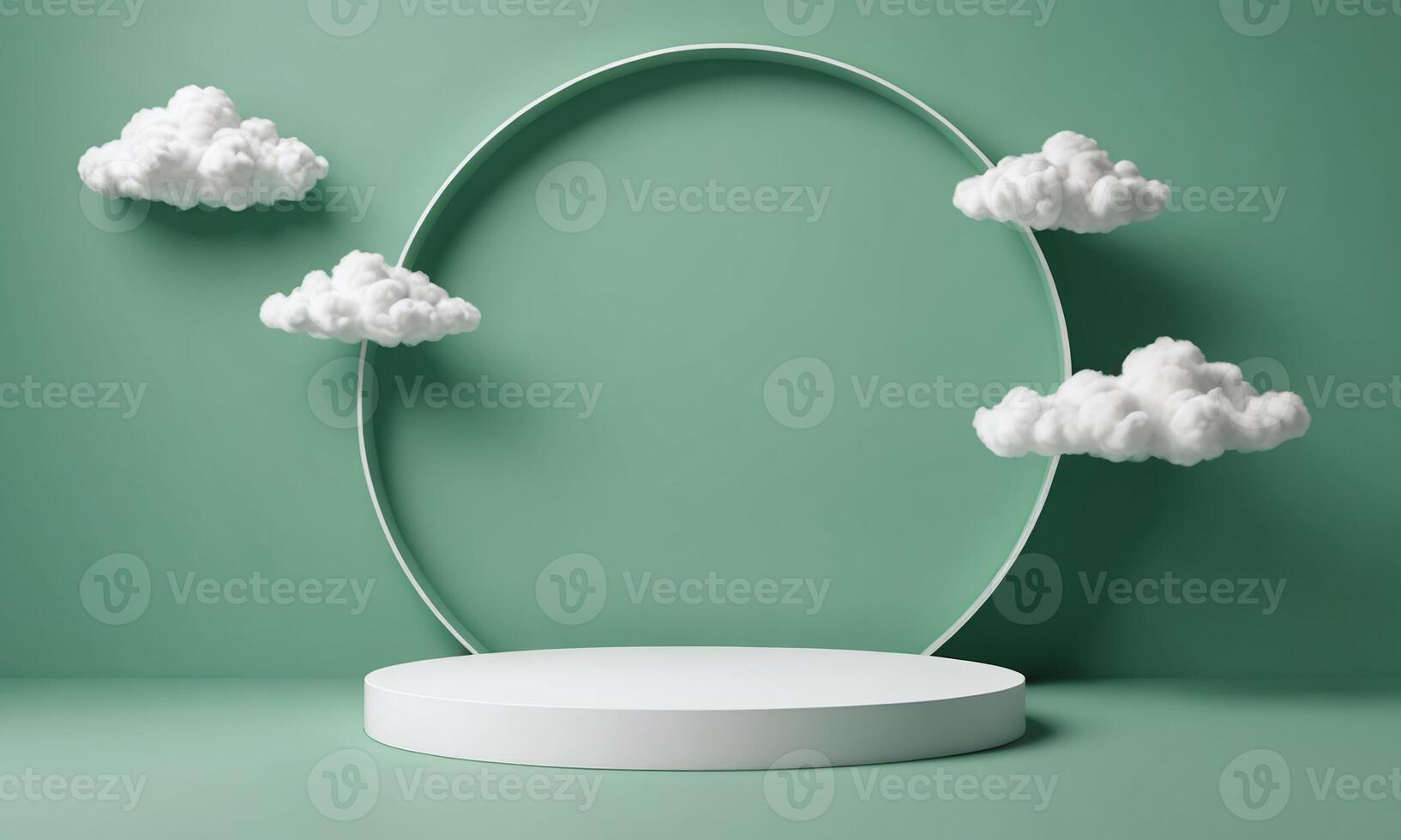 3d render green background with white clouds flying in front of circle shape photo