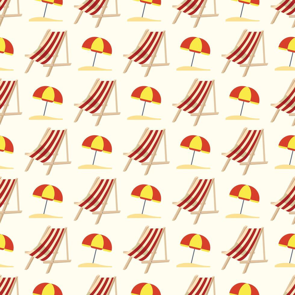 Red and white wooden chairs and beach umbrella seamless pattern vector
