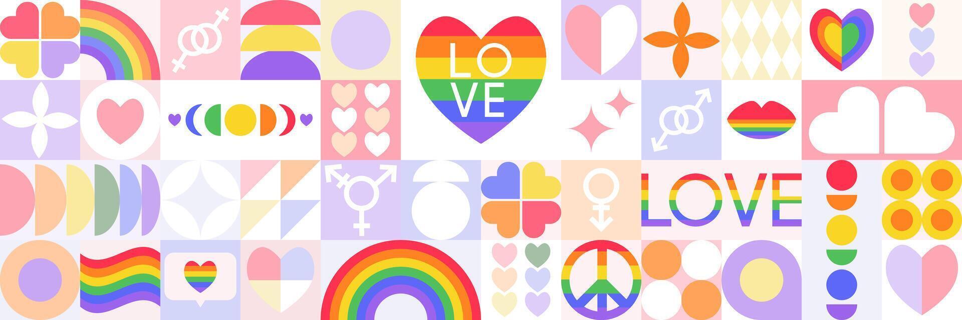 Abstract horizontal banner for Pride Month. Icons with LGBT symbols, heart, rainbow, geometric shapes. Design for background, wallpaper, advertising, cover. Bauhaus style. vector