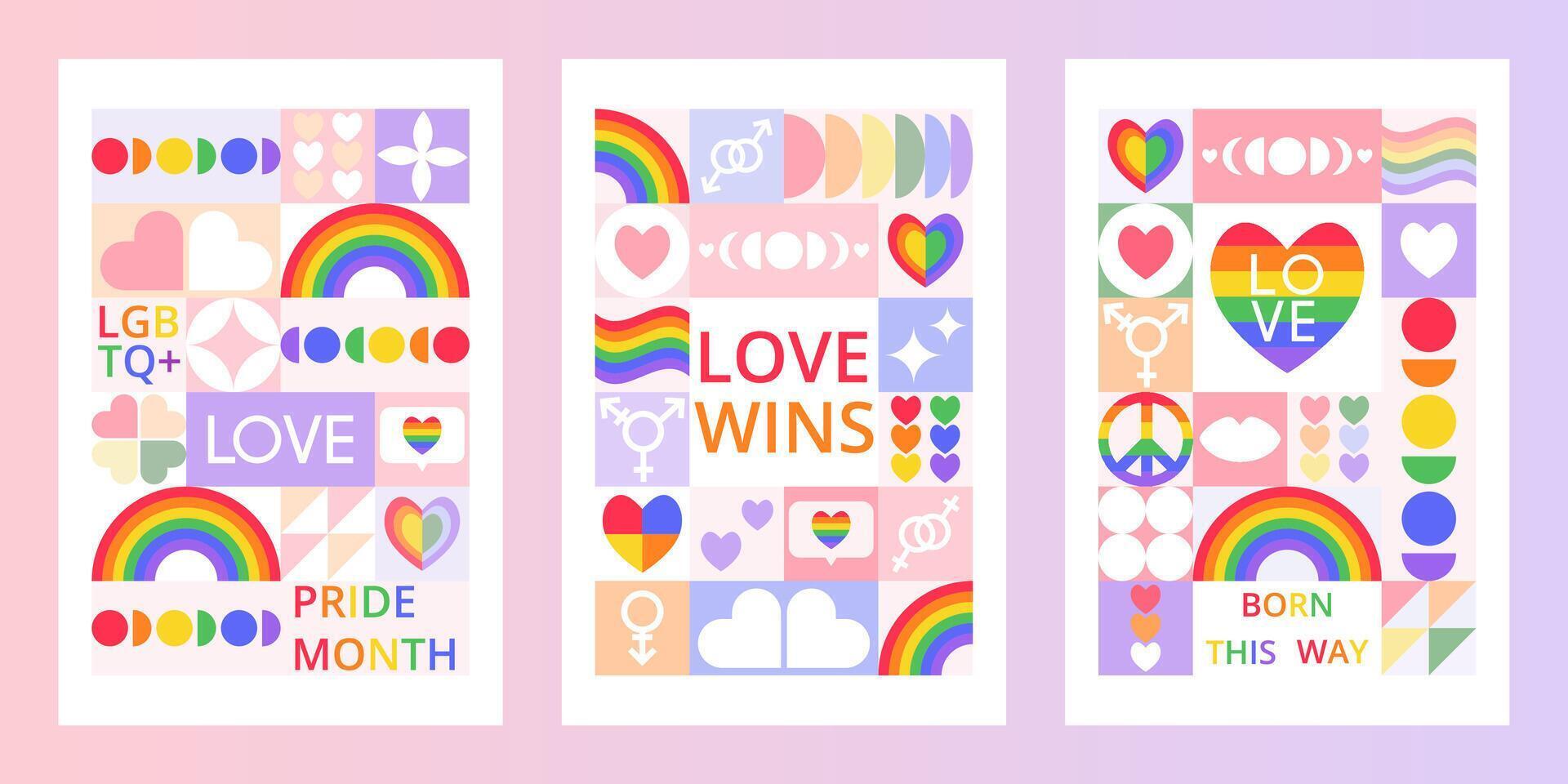 Set 3 colorful greeting posters for Pride Month. Trendy design with geometric shapes. Stylized LGBT symbols. Bauhaus style. Creative concept for banner, invitation, branding, cover. vector