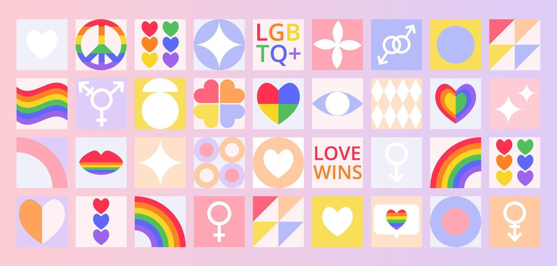 Geometric mosaic Pride Month pattern on gradient backdrop. Icons with LGBT symbols, hearts, rainbow, flag. Trendy design for banner, card, cover, poster, advertising, wallpaper, packaging. vector