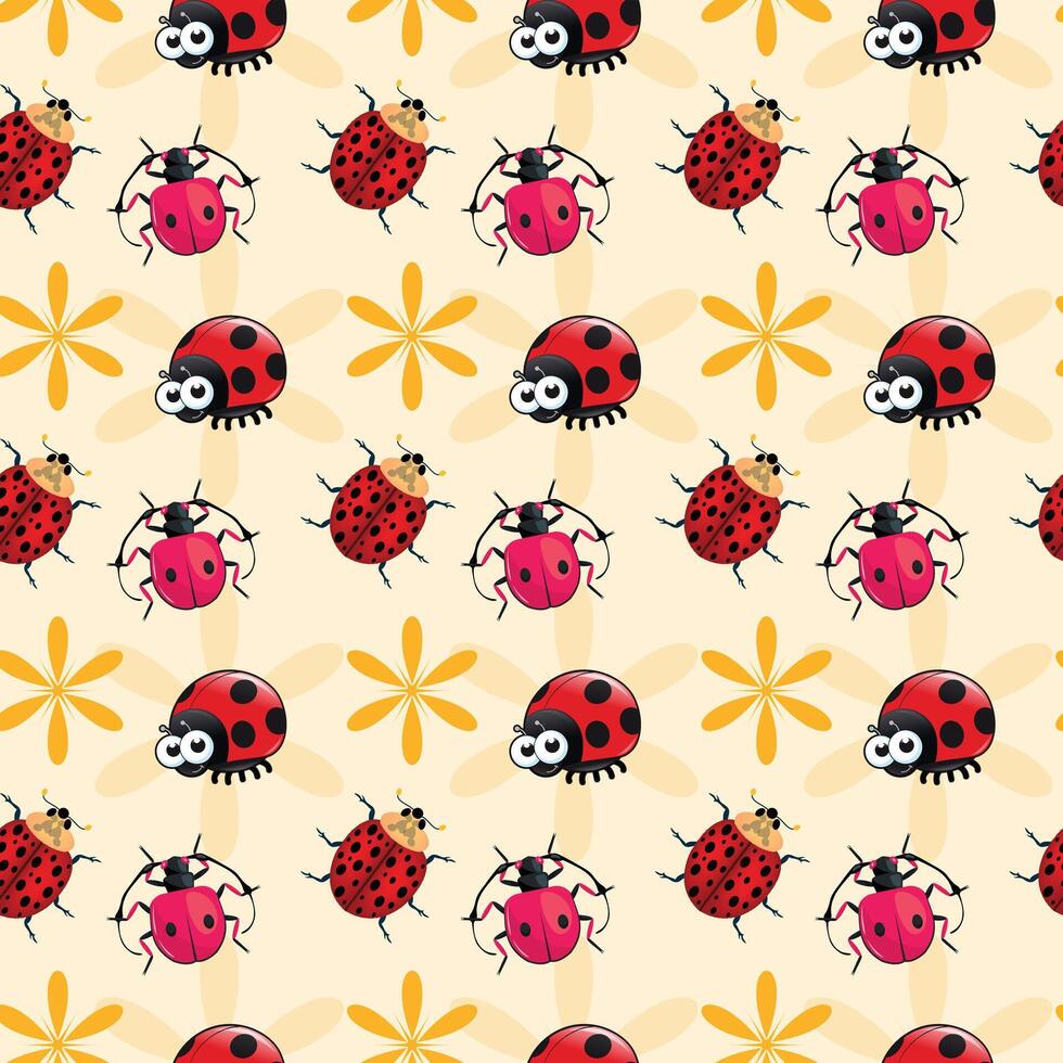 Ladybugs In A Flower Bed Seamless Pattern Design vector