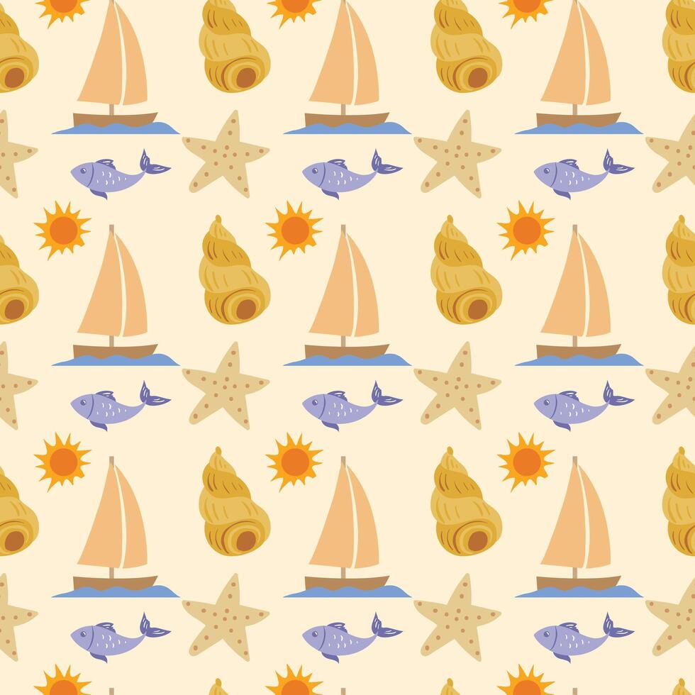 Starfish, boat and seashell seamless beach pattern vector