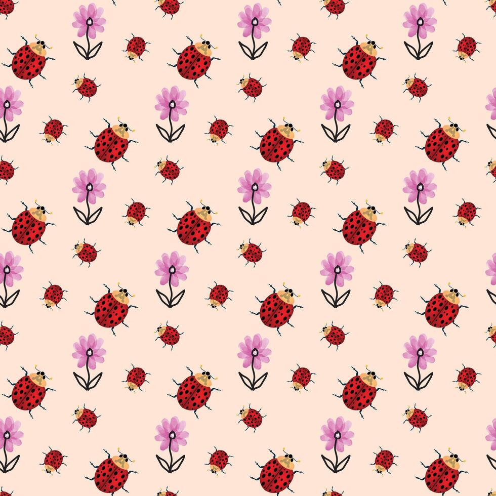 Flowers And Ladybugs Seamless Pattern Design vector