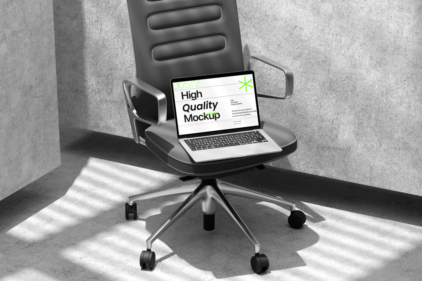 Laptop and keyboard mockup on the chair with realistic shadow psd