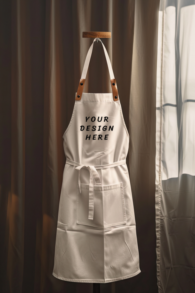 White apron mockup front the curtain psd