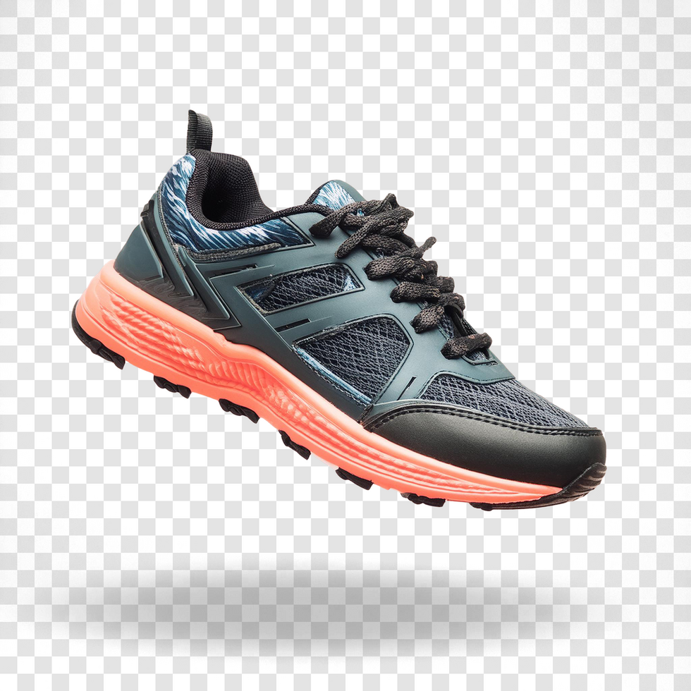 Orange bottom sports shoe design transparent background with shadows psd
