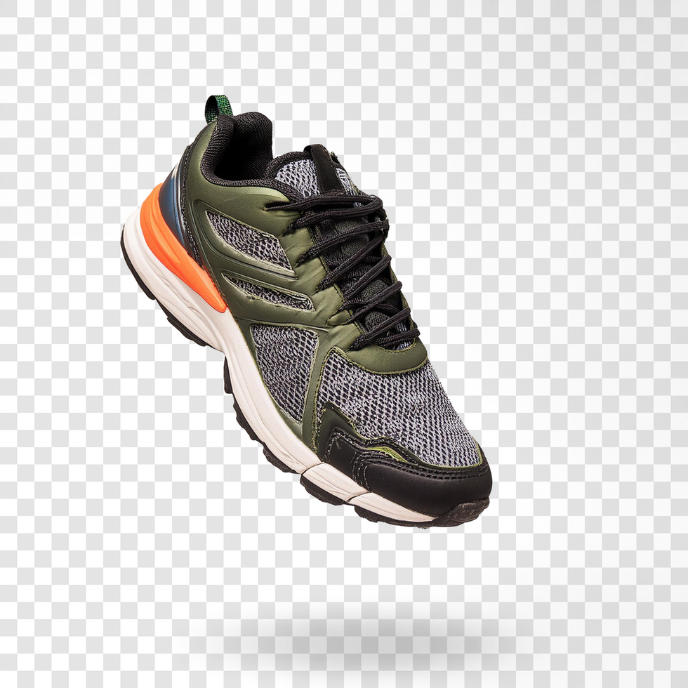 Orange and white with grey bottom sports shoe design transparent background with shadows psd