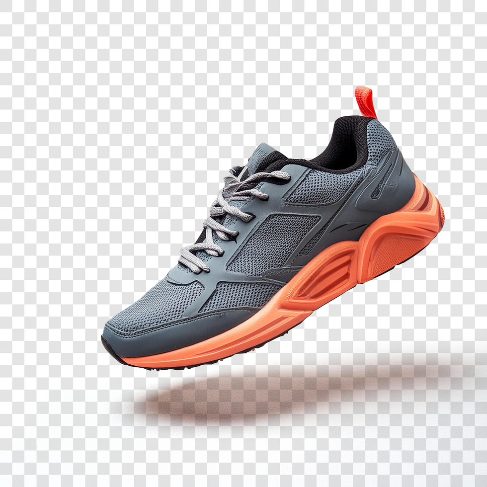 Orange bottom light gray sports shoe design transparent background with shadows psd