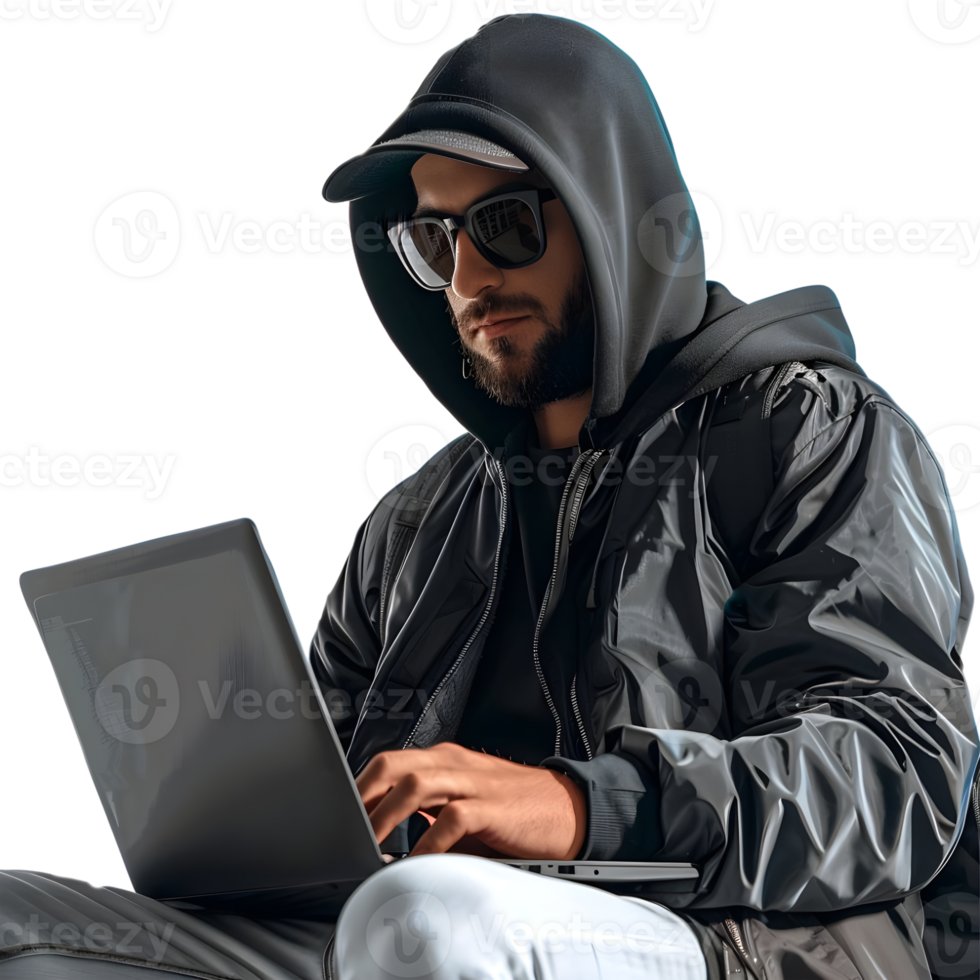 Hacker Working on Laptop on Transparent Background png