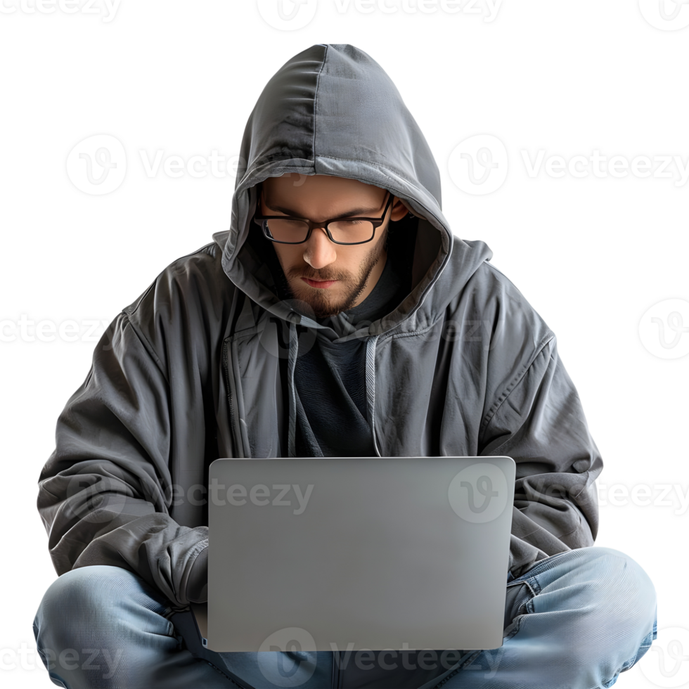 Hacker Working on Laptop on Transparent Background png