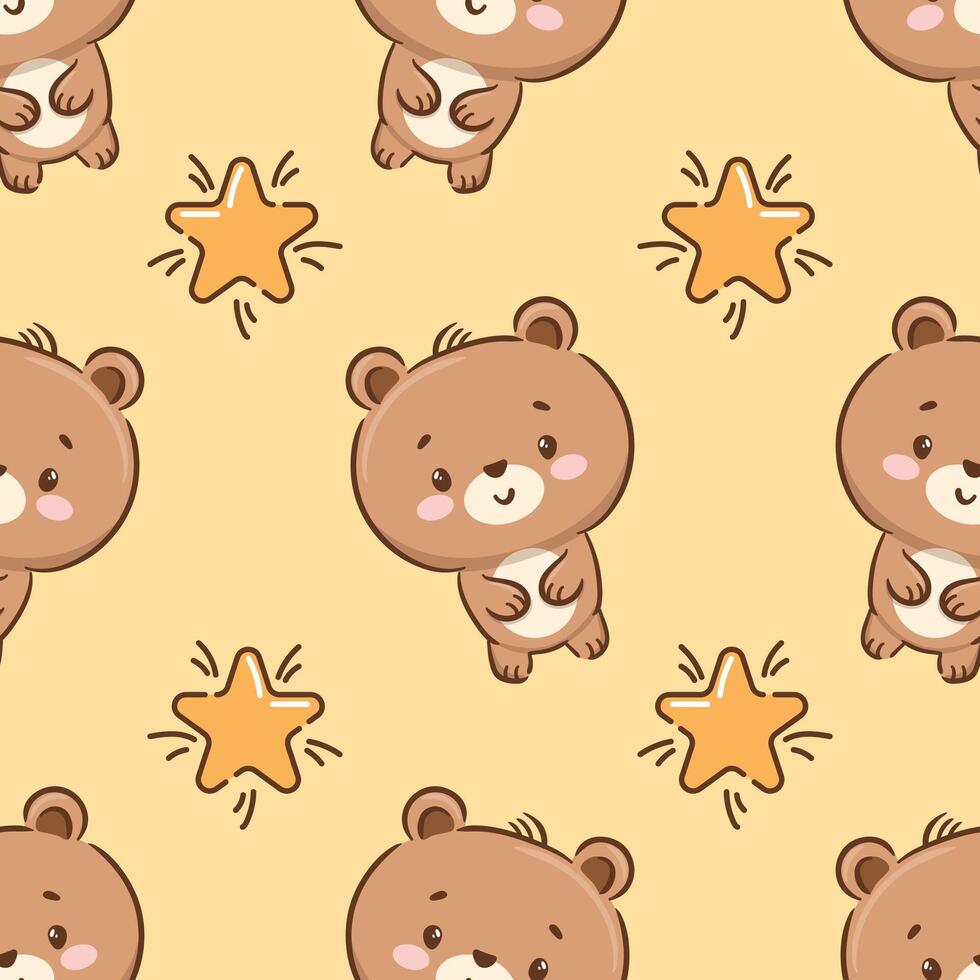 Cute teddy bear and stars. Seamless pattern in Asian kawaii style. Cartoon character. Funny illustration for wallpaper, fabric, wrapping, background. vector