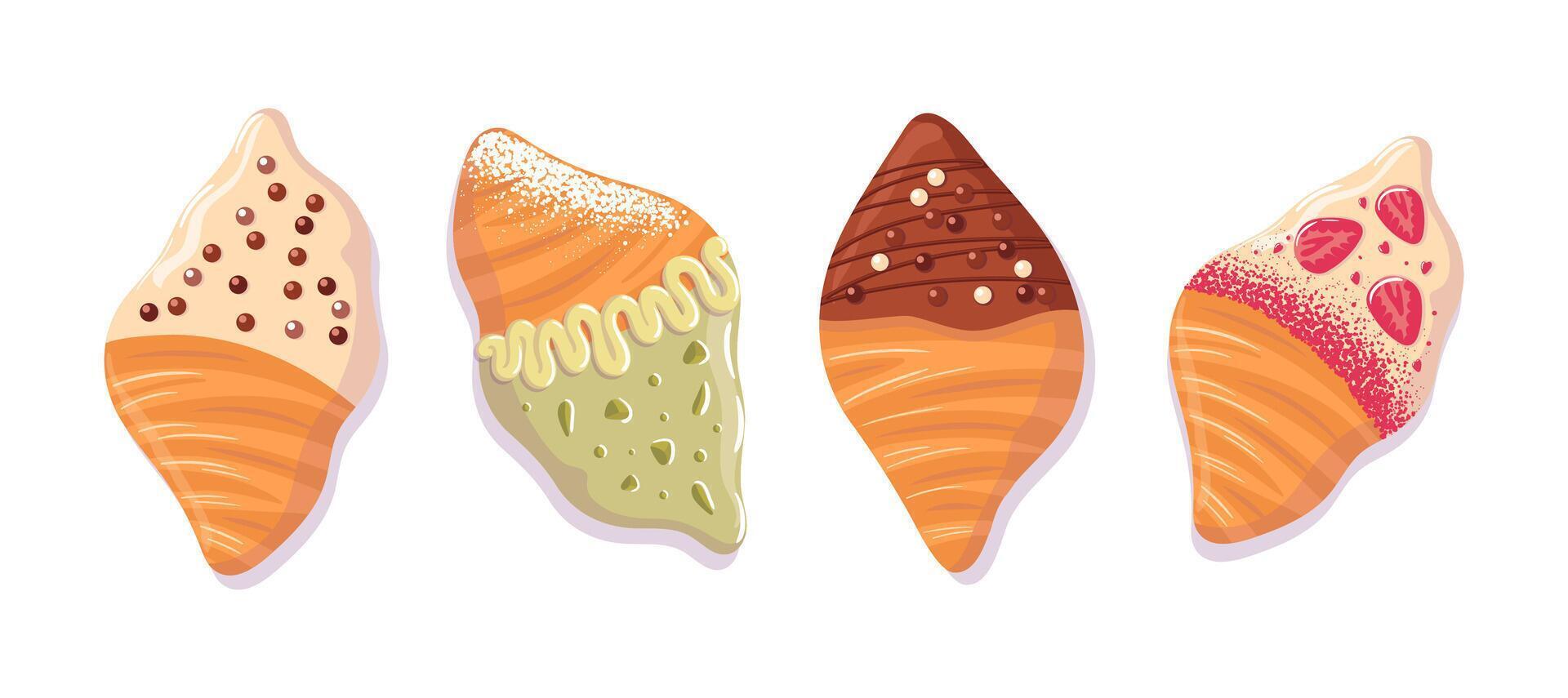 Set Viral trendy flat croissants with black, white and green icing and pistachios. chocolate cream, crispy. Food illustration, cartoon style. For stickers, posters, postcards, design elements. vector