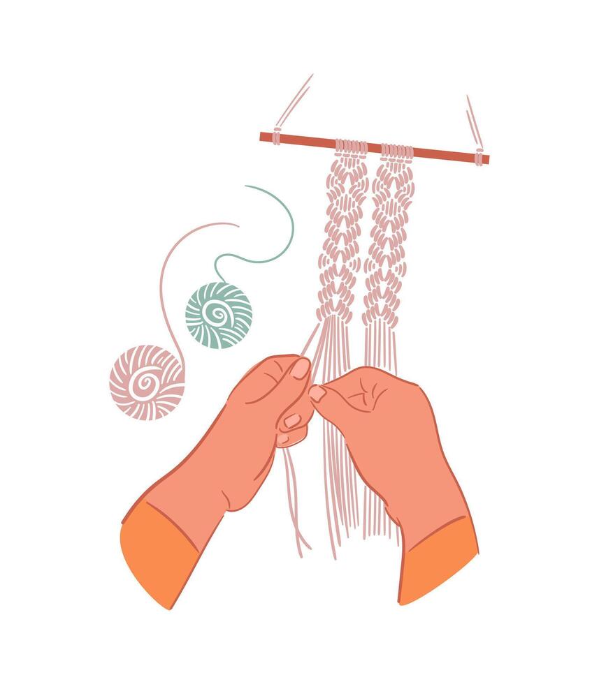Hands weave a macrame panel with balls of thread nearby. boho. Handmade. Hobbies, interests. Interior design, decor. Wellness, meditation. illustration in flat style. vector