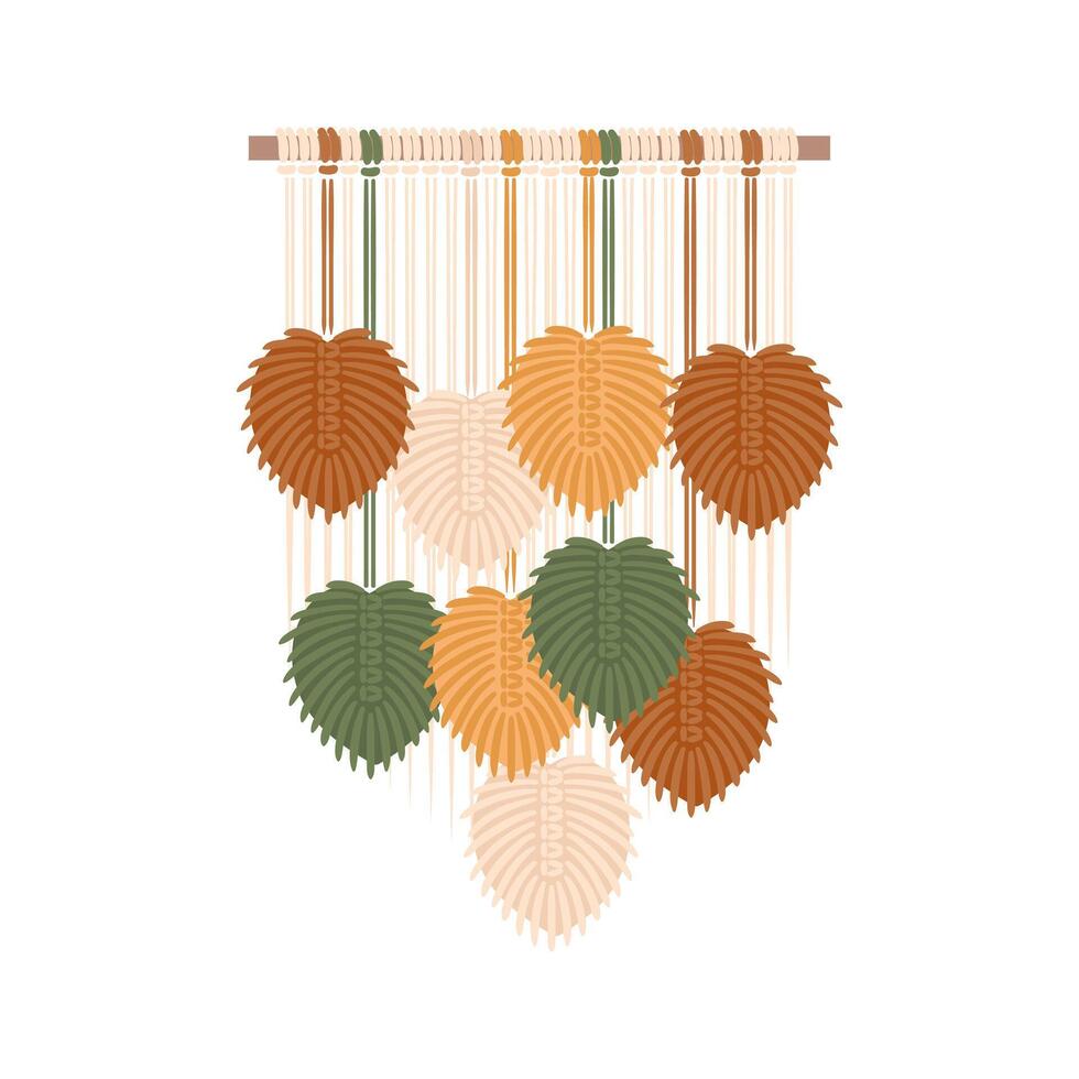 Macrame panels, boho. Handmade. Hobbies, interests. Interior design, decor. Wellness, meditation. illustration in flat style. Lace, knots. leaves from threads. In earthy tones vector