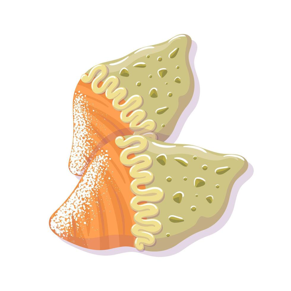 Viral trendy flat croissants with green icing and pistachios. chocolate cream, nuts. Food illustration, cartoon style. For cafes, flyers, advertising. Krunge vector