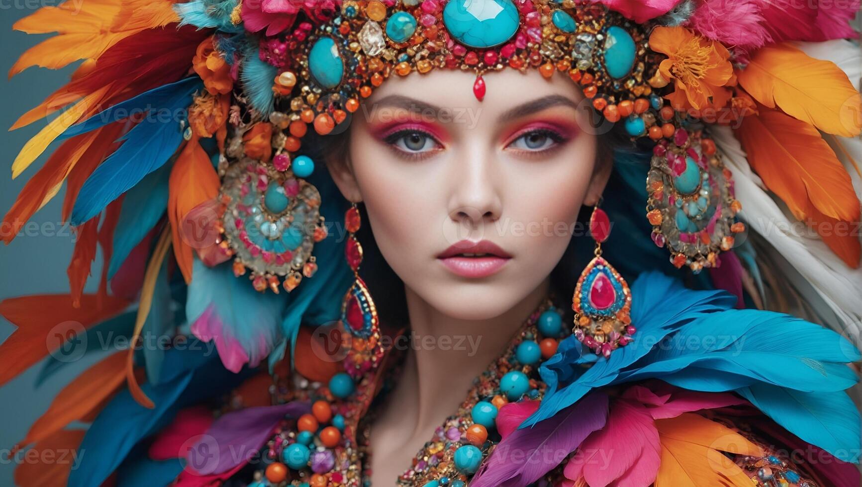 Generated Image portrait of beautiful woman with feathrs, photo