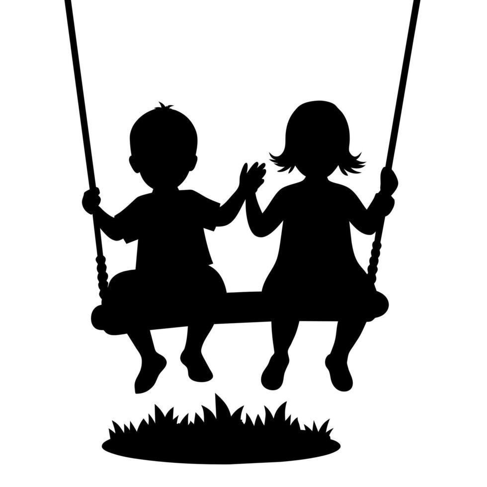 cute siblings on a swing silhouette black color, white background vector