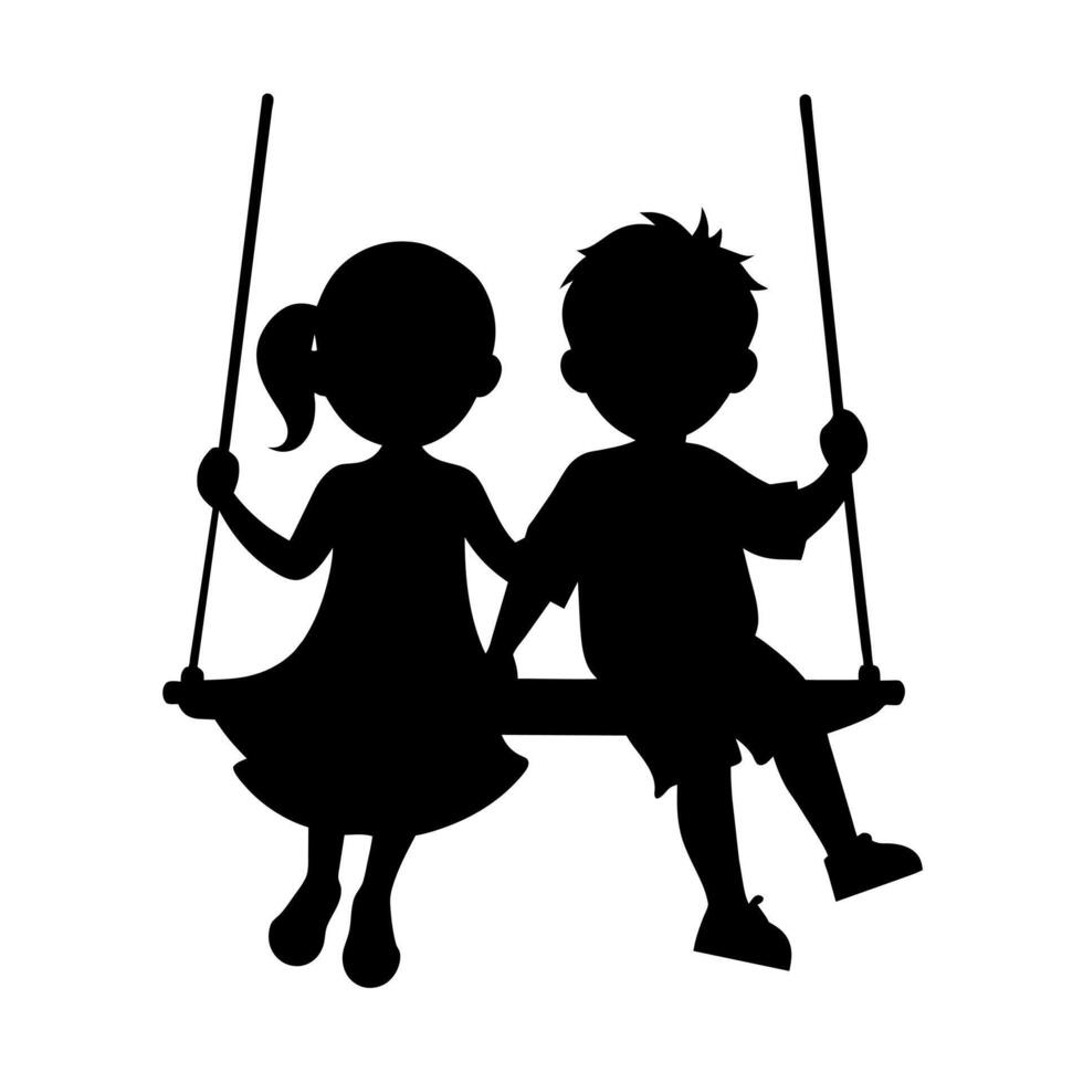 cute siblings on a swing silhouette black color, white background vector