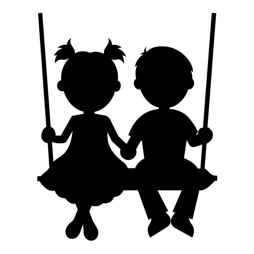 cute siblings on a swing silhouette black color, white background vector