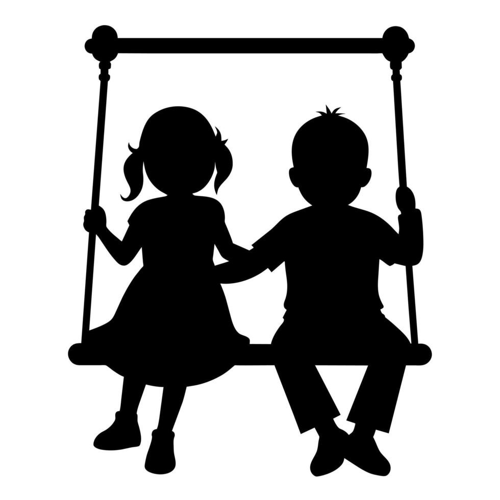 cute siblings on a swing silhouette black color, white background vector
