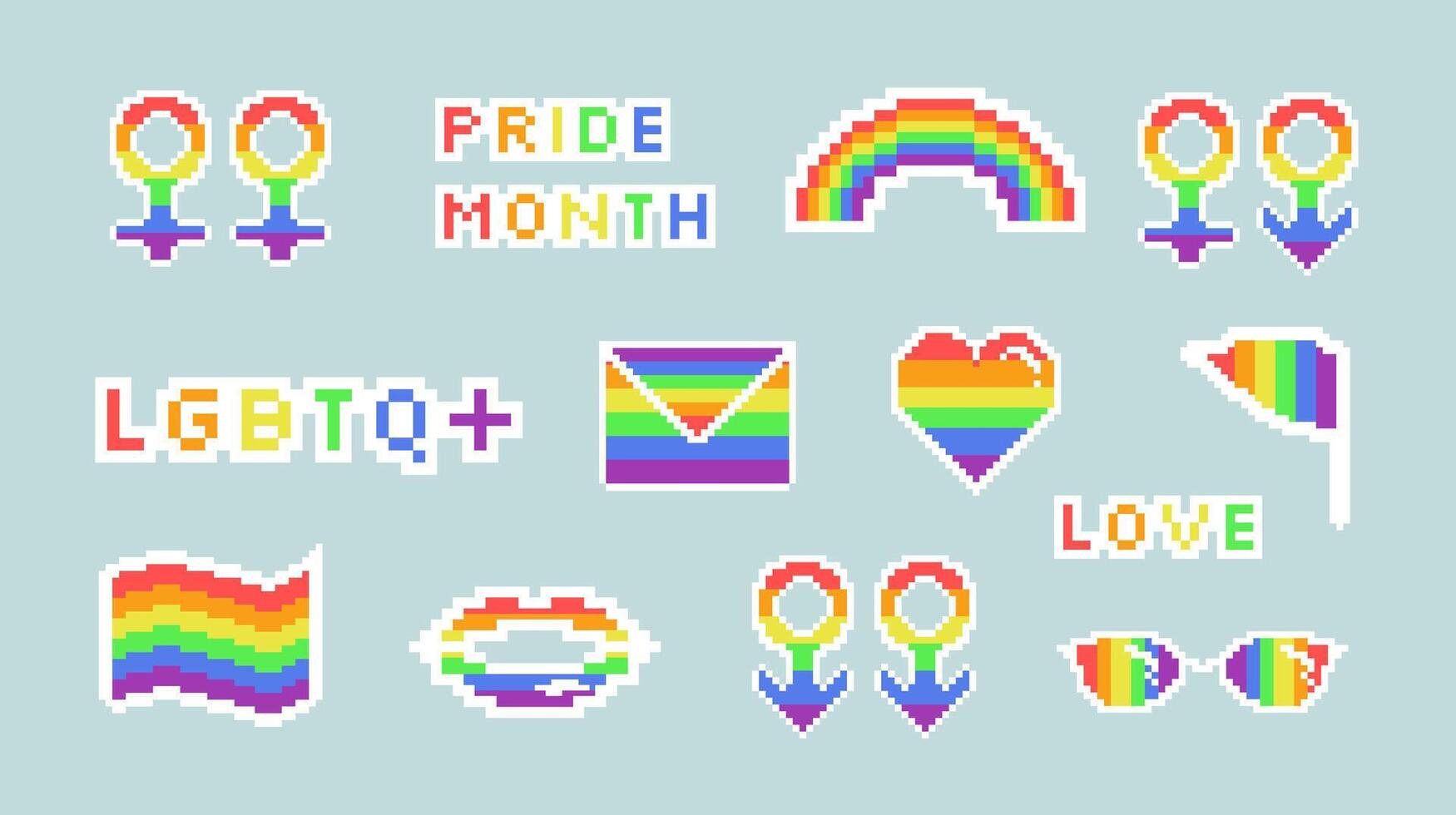 LGBT set. Pride month. Heart, rainbow, lips, envelope, flag, gender sign. Pixel art. vector