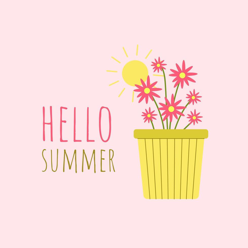 Flowers in a pot with the sun. Hello summer. illustration vector