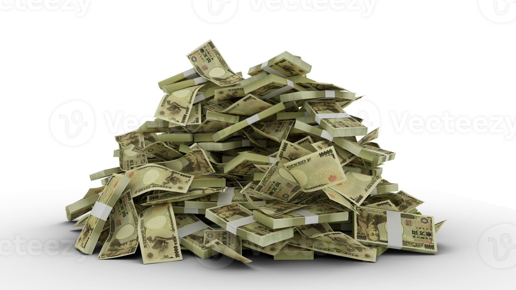 Big pile of Japanese yen notes. A lot of money. 3d rendering of bundles of cash png