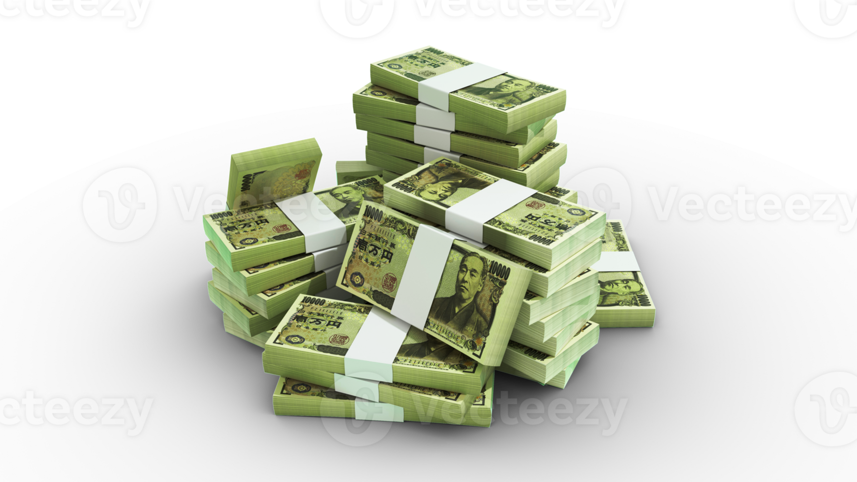 Stacks of 10000 Japanese yen notes. 3d rendering of bundles of cash png